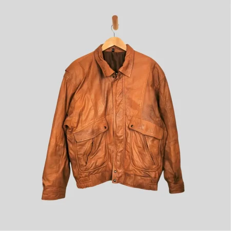 70er Lederjacke Damen XL hellbraun – Authentische Hippie-Bomberjacke aus echtem Leder im lockeren Boho-Stil.