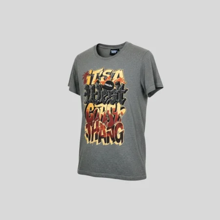 Graues Sneaker Freak Damen T-Shirt mit 3D West Coast Graffiti Print in langer Passform.