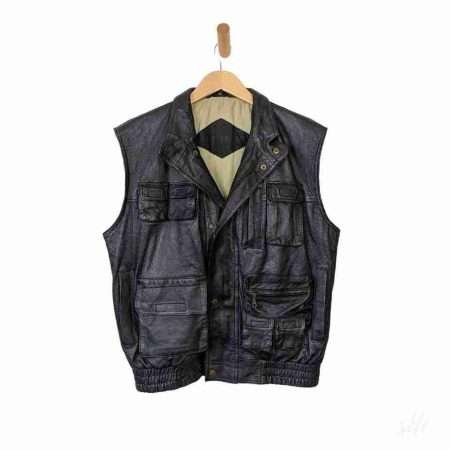 vintage lederweste schwarz groesse l front