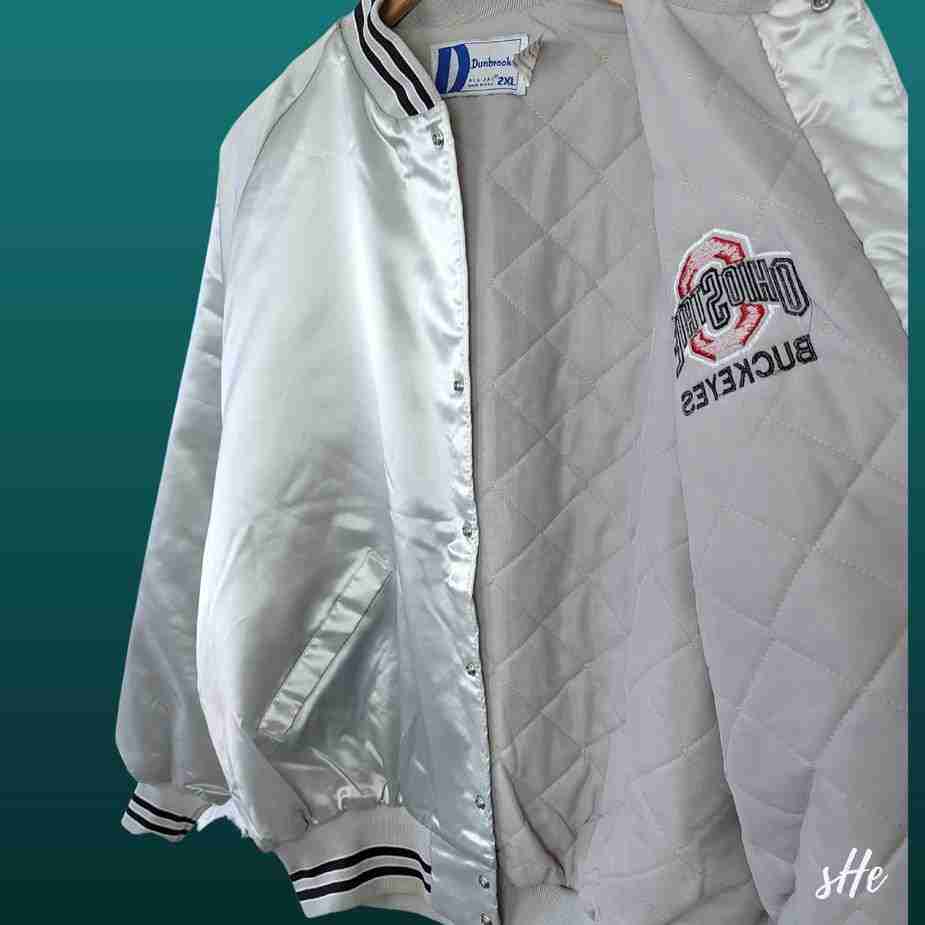 Vintage Ohio State Nylon Bomberjacke | 2XL | Silber-Weiß | Dunbrooke vintage ohio state bomberjacke nylon 2xl silber innen