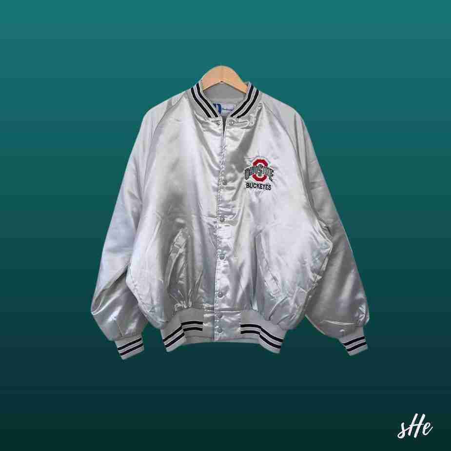 Vintage Ohio State Nylon Bomberjacke | 2XL | Silber-Weiß | Dunbrooke vintage ohio state bomberjacke nylon 2xl silber vorne