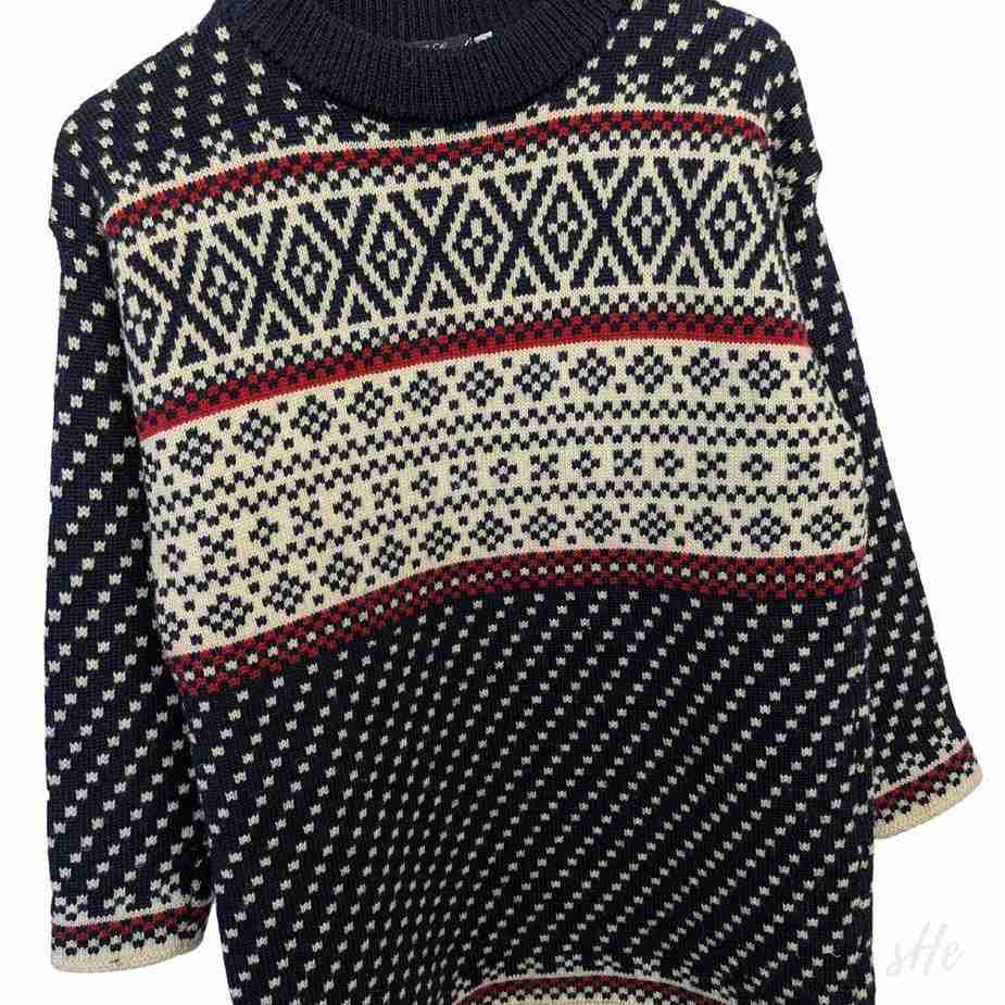 80er Vintage Pullover M tall: Handgefertigt aus reiner Wolle Norwegerstye Made in England vintage pullover norwegerstyle detail ansicht vorne