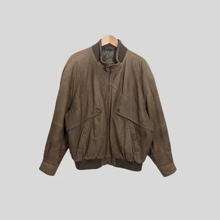 Beigefarbene Nappa Vintage Lederjacke im Bomberstyle aus den 70er Jahren mit gemustertem Innenfutter