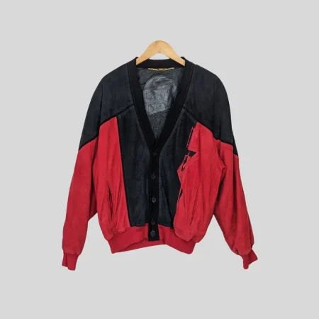 Rot-schwarze Wildleder Vintage Jacke von TORRAS Spanien im Bomberfit mit weichem Rayon-Futter