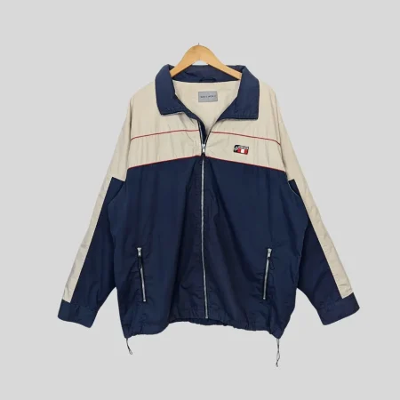 Blau-beiger Vintage Y2K Windbreaker für Herren in großer Größe 60/62.