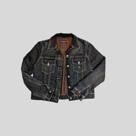 laue Vintage Donaldson Jeansjacke im Crop-Schnitt mit Disney-Logo auf den Knöpfen aus den 80er Jahren.