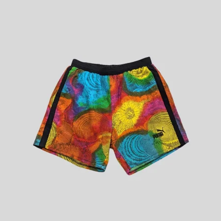Bunte Puma Vintage Badeshorts mit psychedelischem Kreismuster aus den 80er Jahren.