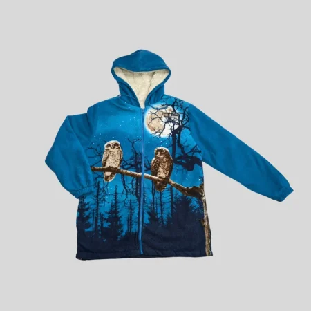 Blaue Damen Vintage Fleecejacke mit Kapuze und Eulen-Vollmond-Motiv