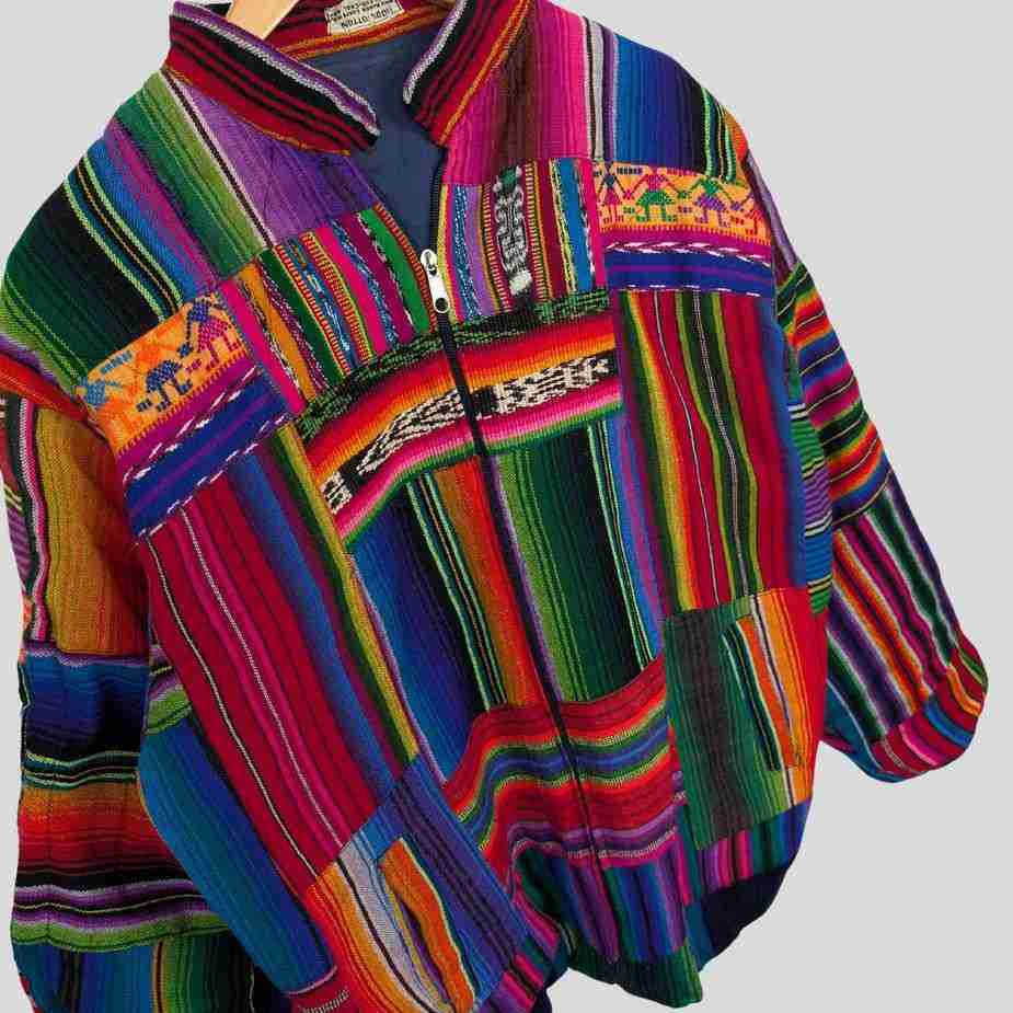 Vintage Navajo Patchwork Zipperjacke, Bomberpassform, Größe M-L vintage navajo patchwork zipperjacke detailansicht