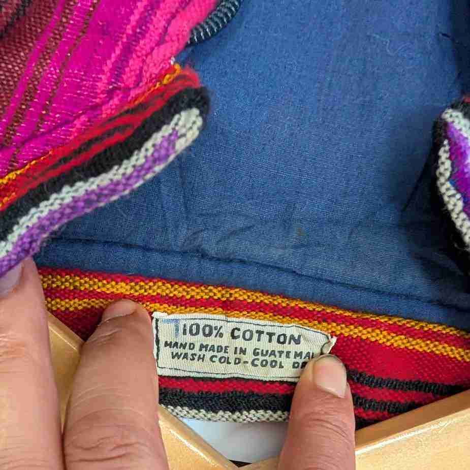 Vintage Navajo Patchwork Zipperjacke, Bomberpassform, Größe M-L vintage navajo patchwork zipperjacke etikettenansicht