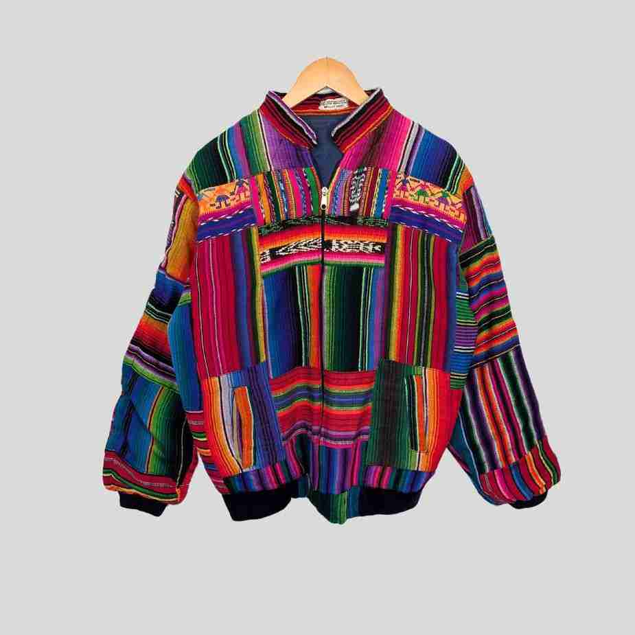 Vintage Navajo Patchwork Zipperjacke, Bomberpassform, Größe M-L vintage navajo patchwork zipperjacke frontansicht