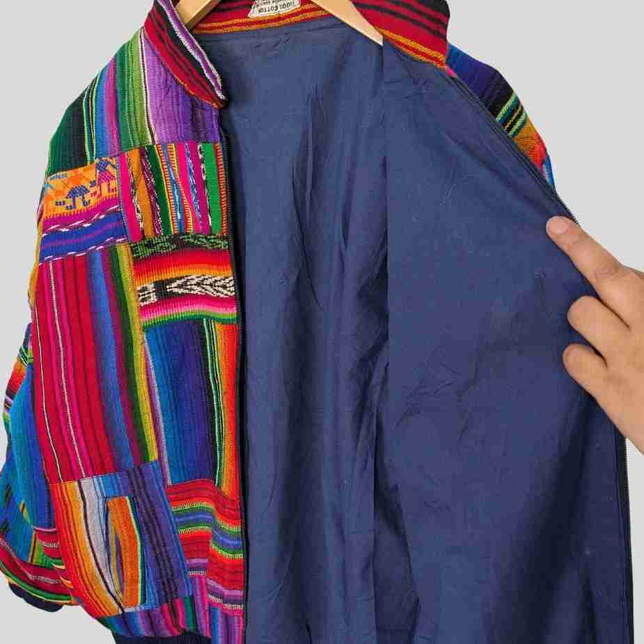 Vintage Navajo Patchwork Zipperjacke, Bomberpassform, Größe M-L vintage navajo patchwork zipperjacke innenansicht