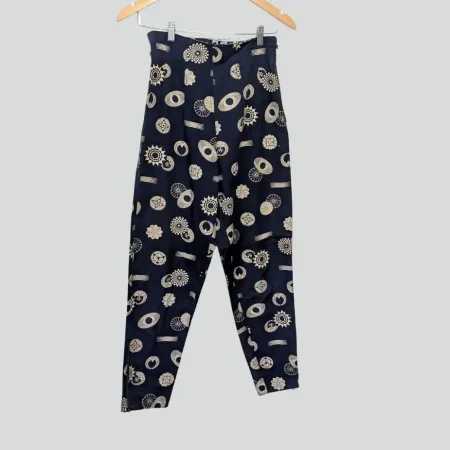 Vintage Ernestina Cerini Hose mit abstraktem Muster in Navy und Creme aus den 2000ernCreme