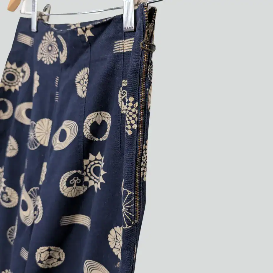 Vintage Ernestina Cerini Hose Y2K | Abstraktes Muster Navy & Creme 90er Hose Hohe Taille Reissverschluss