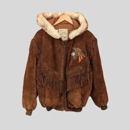 Vintage Wildlederjacke Damen LXL Westernstyle Kapuze Echtleder Fransen Braun Winterjacke