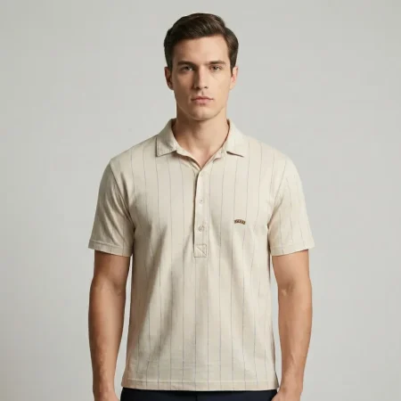 Vintage Ellesse Polo Hemd in Creme-Blau mit Nadelstreifen, Original Made in Italy, präsentiert an einem männlichen Model.