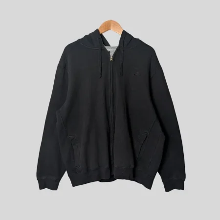 Schwarze Vintage Starter Zip-Up Hoodie Jacke mit Kapuze und gesticktem Logo.