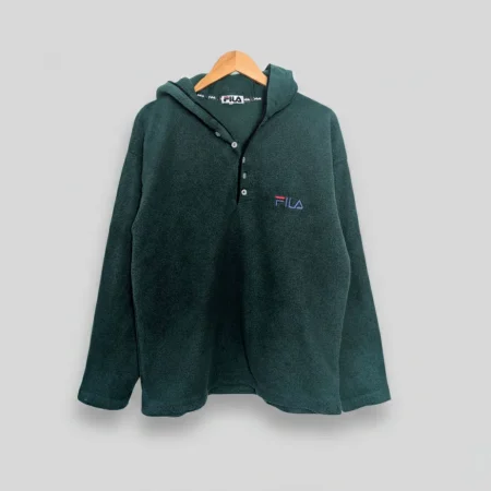 Vintage Fila Hoodie Forest Green Fleece 90er Jahre Henley Knopfleiste