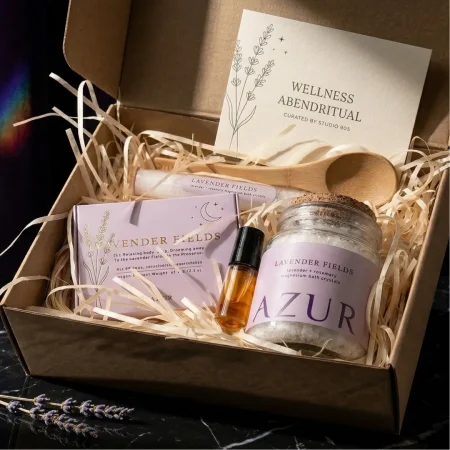 Komplette Ansicht eines Wellness Geschenksets in der neuen, dicken Karton-Box mit magnetischem Verschluss, gefüllt mit Lavendelseife, Magnesiumsalz-Glas und -Tube, dōTERRA Probe und einem Holzlöffel.