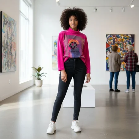 fit-pic-vintage-nicki-rollkragen-pullover Pinker Vintage Samt Longpullover mit abstraktem Kunst-Print und Rollkragen von Studio 90s.