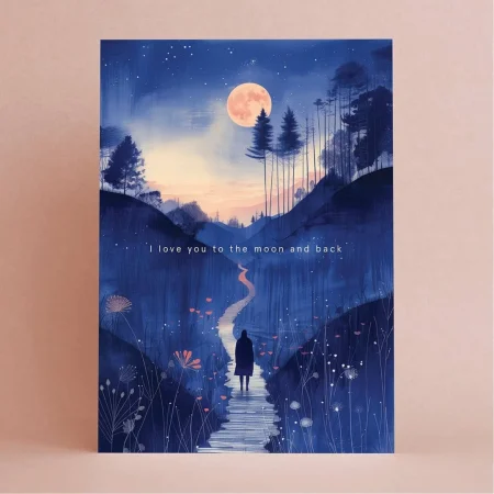 klappkarte-liebe-mond-nacht-wiese-romantisch-geschenk Nachhaltige Grußkarte Klappkarte mit Illustration „Ich liebe dich bis zum Mond und zurück“ Blau
