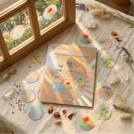Suncatcher Fensterbild Regenbogen Wildblumen – Holografische Verpackung des 8er Mini-Sticker-Sets von Botanopia.