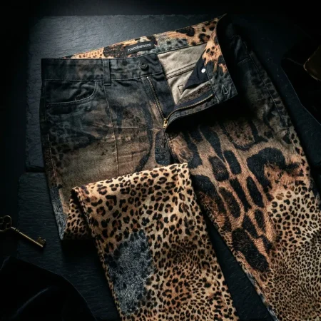 Vintage Roccobarocco Hose mit Animal-Print Mix und goldenem Logo-Patch aus der Y2K-Ära