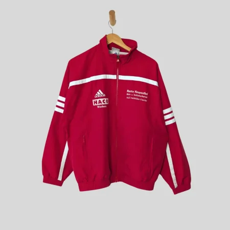 Y2K Adidas Trainingsjacke in Rot mit gesticktem Logo und Sponsoren-Flocks der Sportfreunde Eiweiler