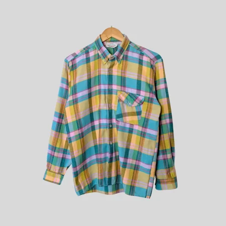 90s Vintage Hemd mit buntem Pastel Karomuster in Türkis und Gelb von Cihan Sports