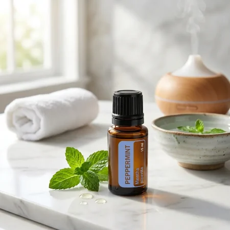Pfefferminzöl bei Kopfschmerzen – doTERRA Peppermint 15ml auf Marmor mit Minzblättern